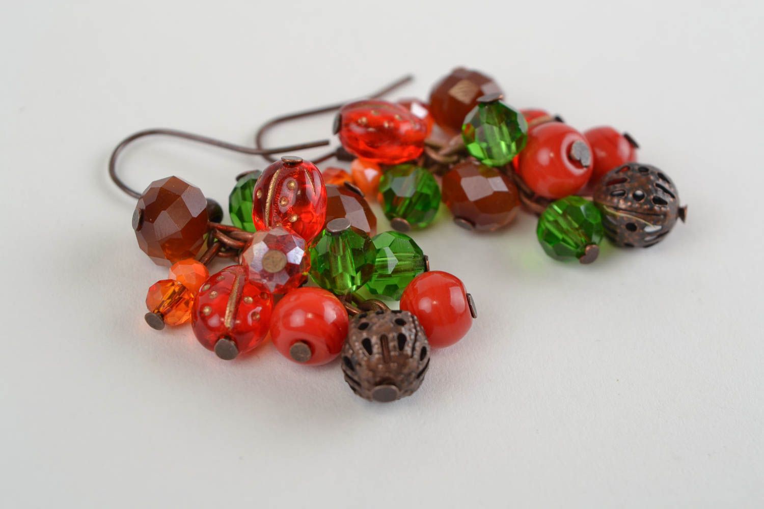 Handmade designer long dangling earrings with jadeite and red glass beads photo 5