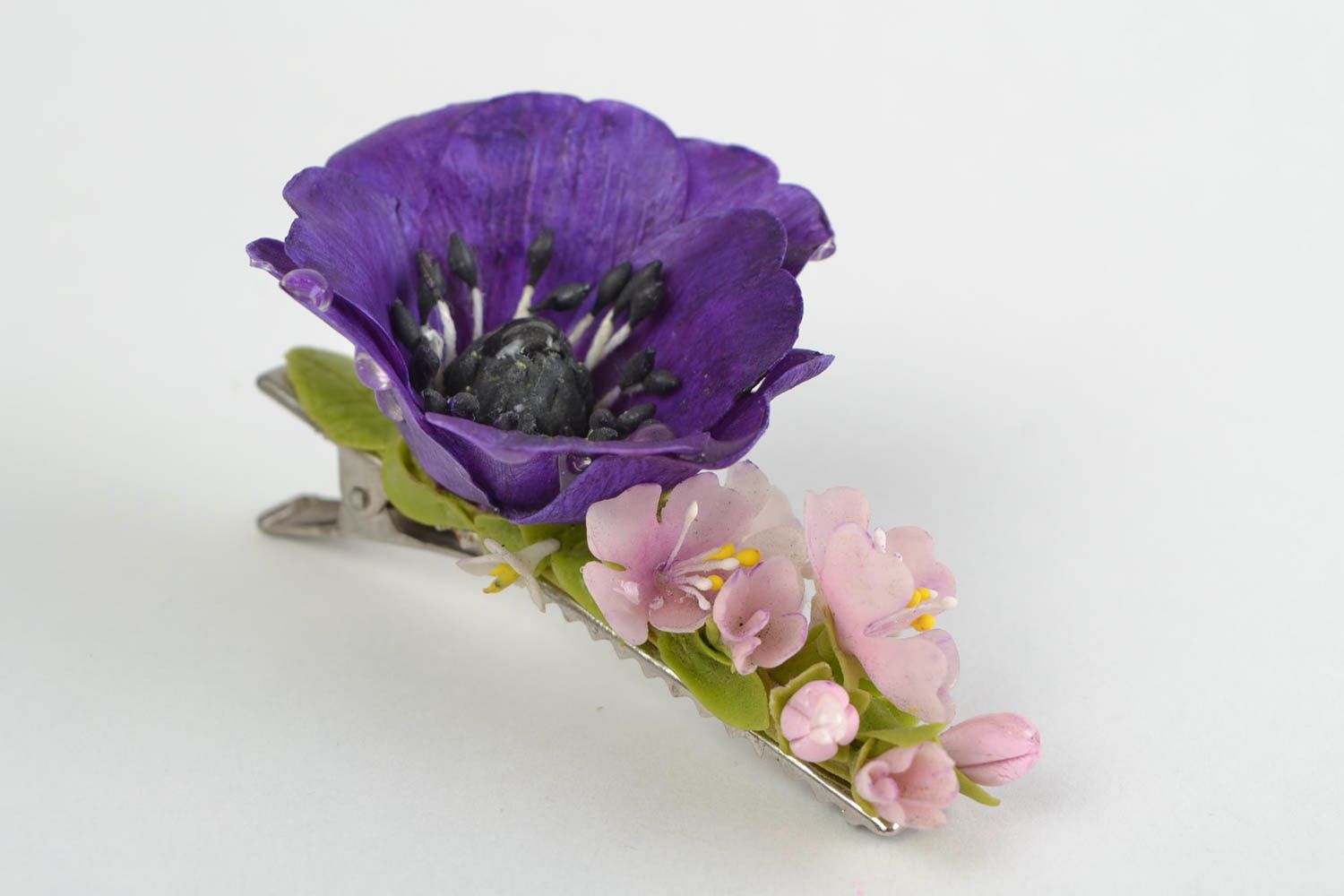Bright handmade cold porcelain flower hair clip designer accessory Hollyhock  photo 3