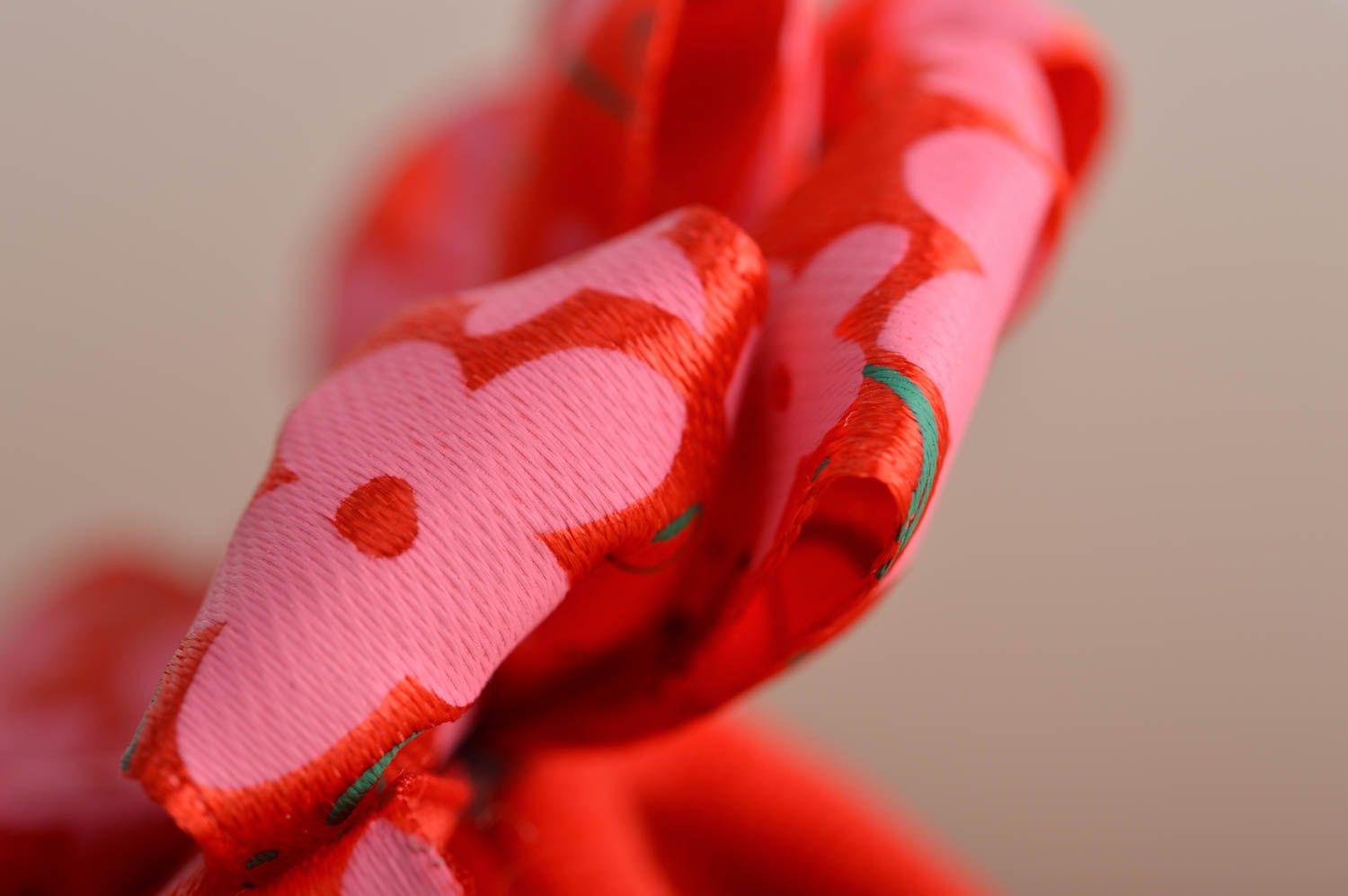 Handmade children's hair tie with red satin ribbon flower with rhinestone photo 5