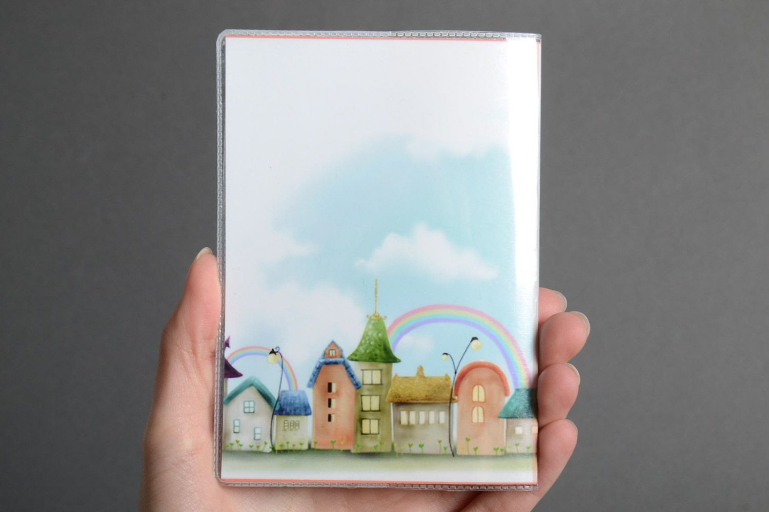 Magnificent handmade plastic passport cover with houses in light color palette photo 5