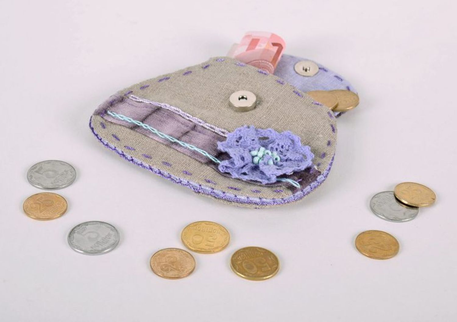 Porte-monnaie fait main pour pièces violet photo 4