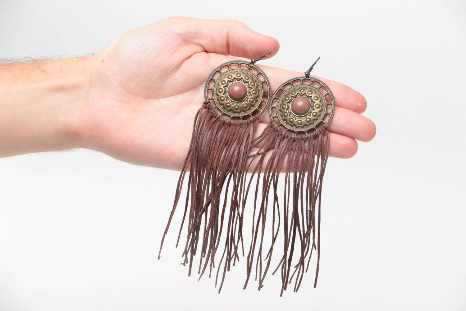 Brown long earrings made of leather with metal handmade unusual beautiful photo 5