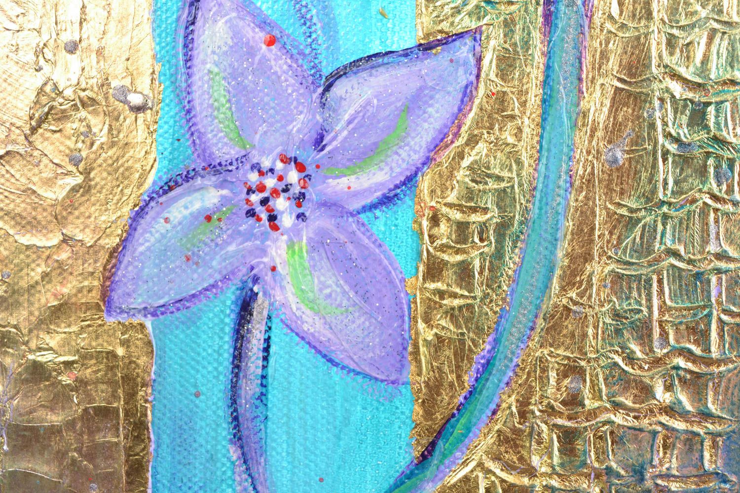 Tableau decoratif avec fleurs sur toile fait main design de créateur Turquoise photo 3