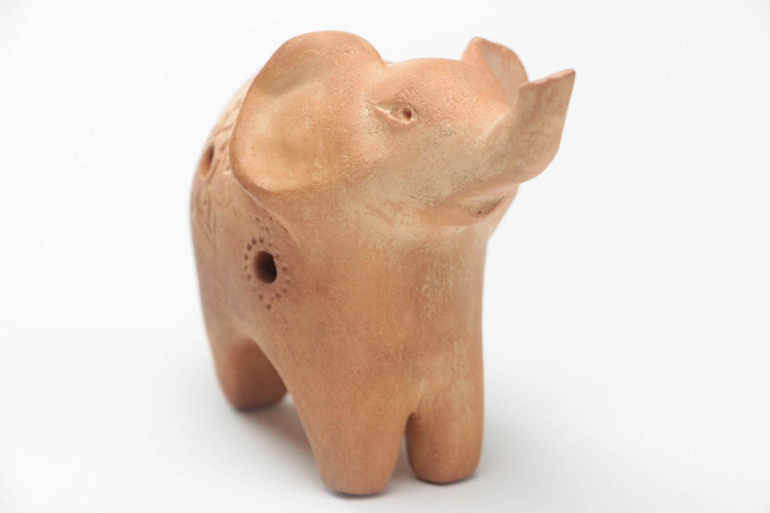 Small handmade brown clay ocarina in the shape of elephant ceramic penny whistle photo 3