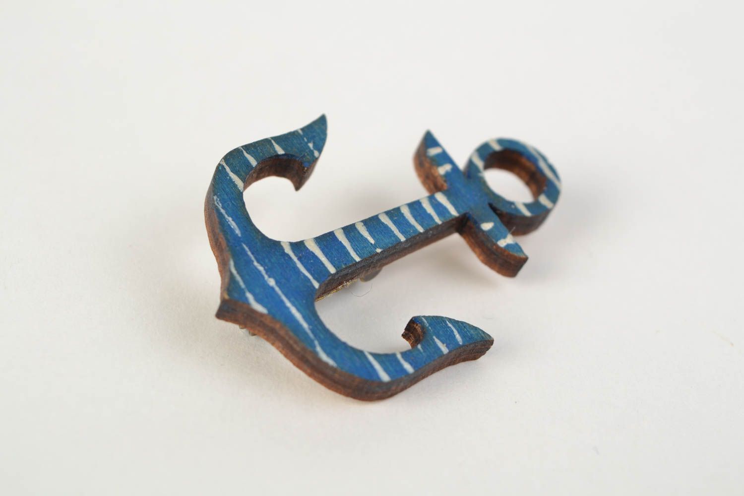 Handmade wooden small brooch with acrylic painting in the form of an anchor in marine style photo 3