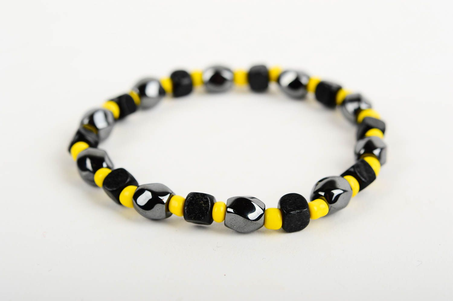 Black and yellow beads elastic stretchy bracelet for men photo 3