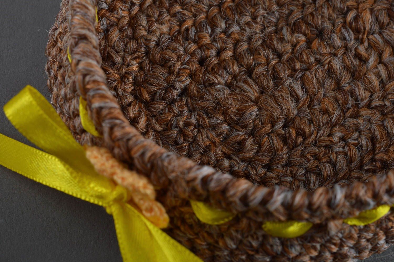 Handmade brown synthetic crocheted toy in the form of basket home decor photo 3