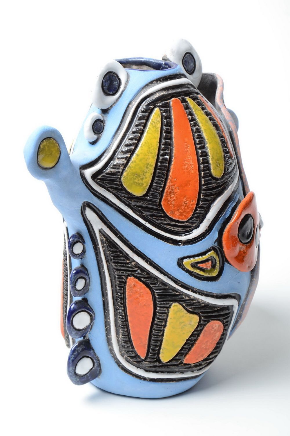 Handmade 10 inches ceramic vase in the shape of the fish in blue, black, yellow, orange colors photo 3