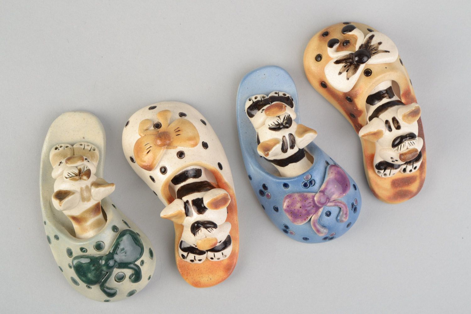 Set of 4 handmade designer miniature ceramic figurines of cats in slippers photo 3