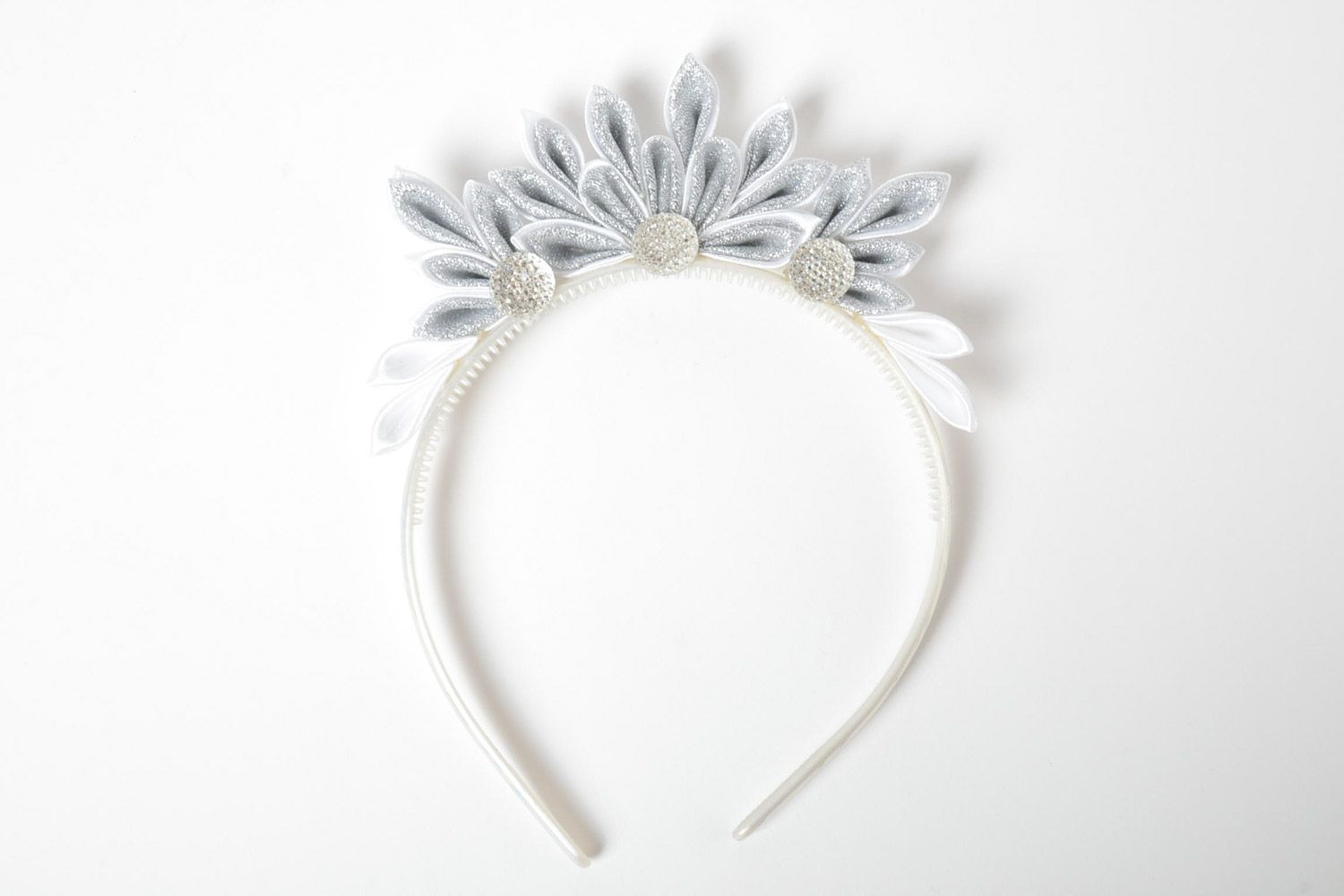 Thin headband with flower hand made of silver ribbons using kanzashi technique photo 5