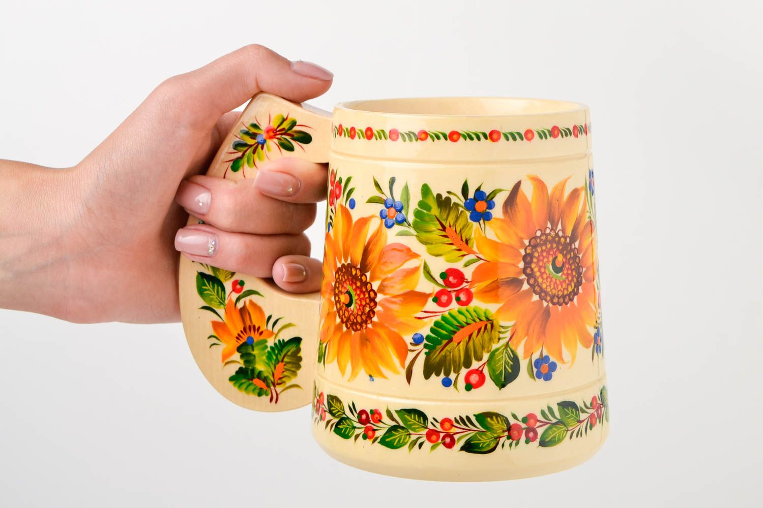 Handmade Deko Tasse Geschenk Idee Becher aus Holz Designer Tasse Sonnenblumen foto 2