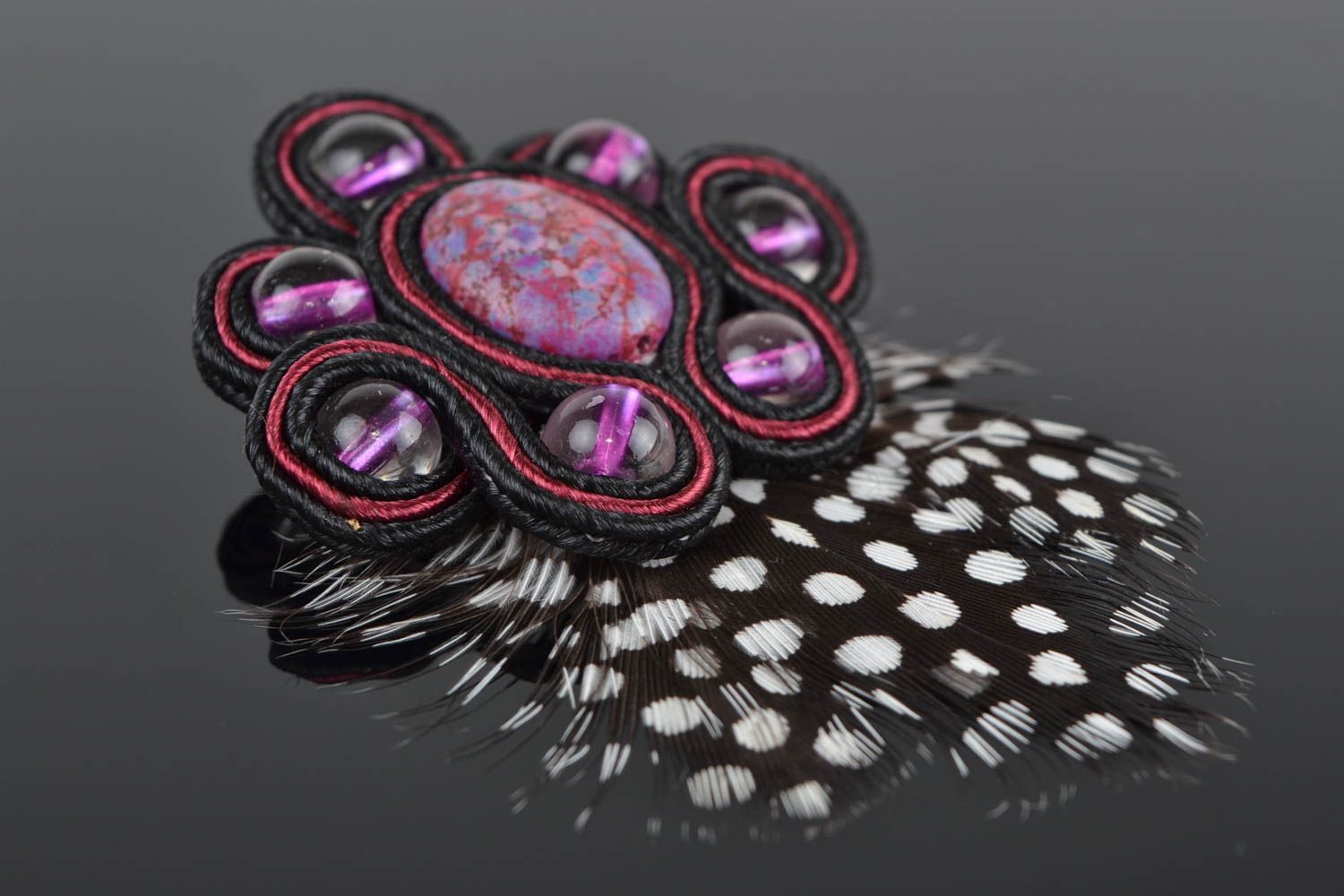 Handmade unusual design soutache brooch with feathers and natural howlite stone photo 1