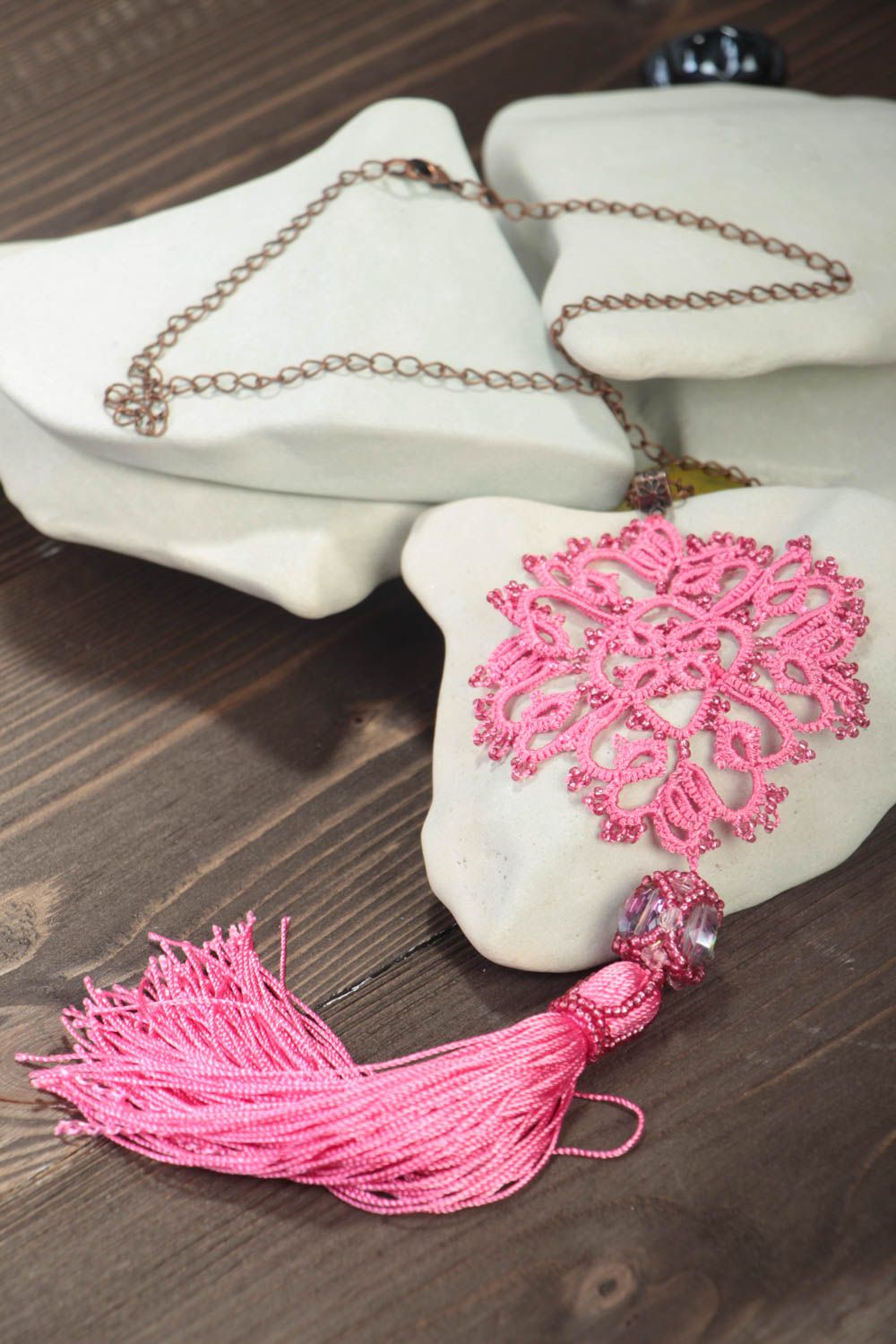 Handmade pink necklace accessory made of silk openwork designer jewelry photo 1