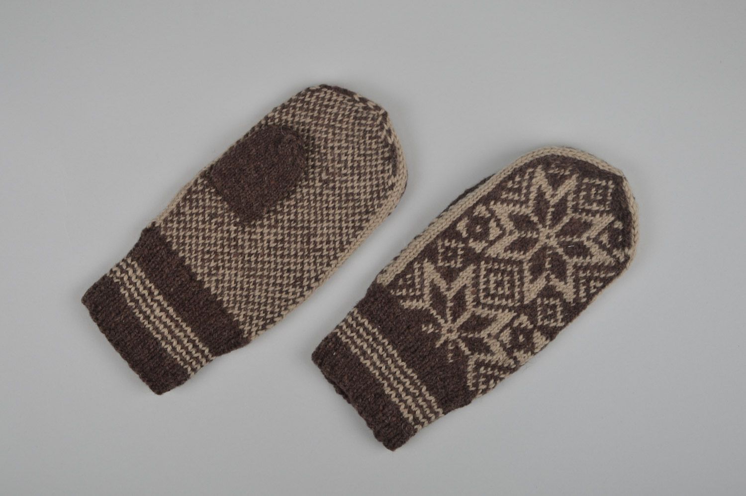 Wonderful warm winter homemade mittens with ornament knitted of wool for men photo 4