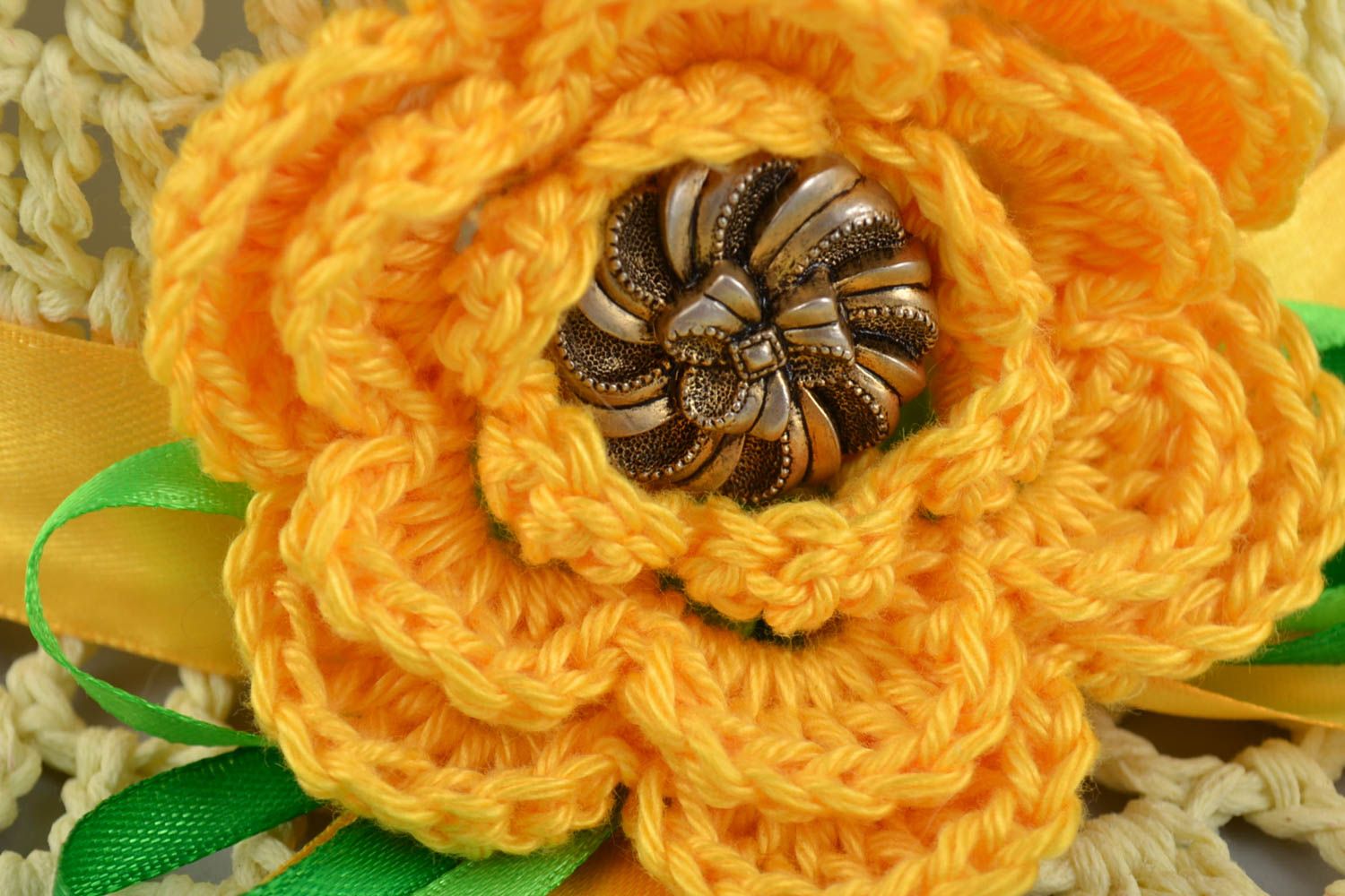 Handmade designer womens crocheted lacy summer hat with yellow artificial flower photo 2