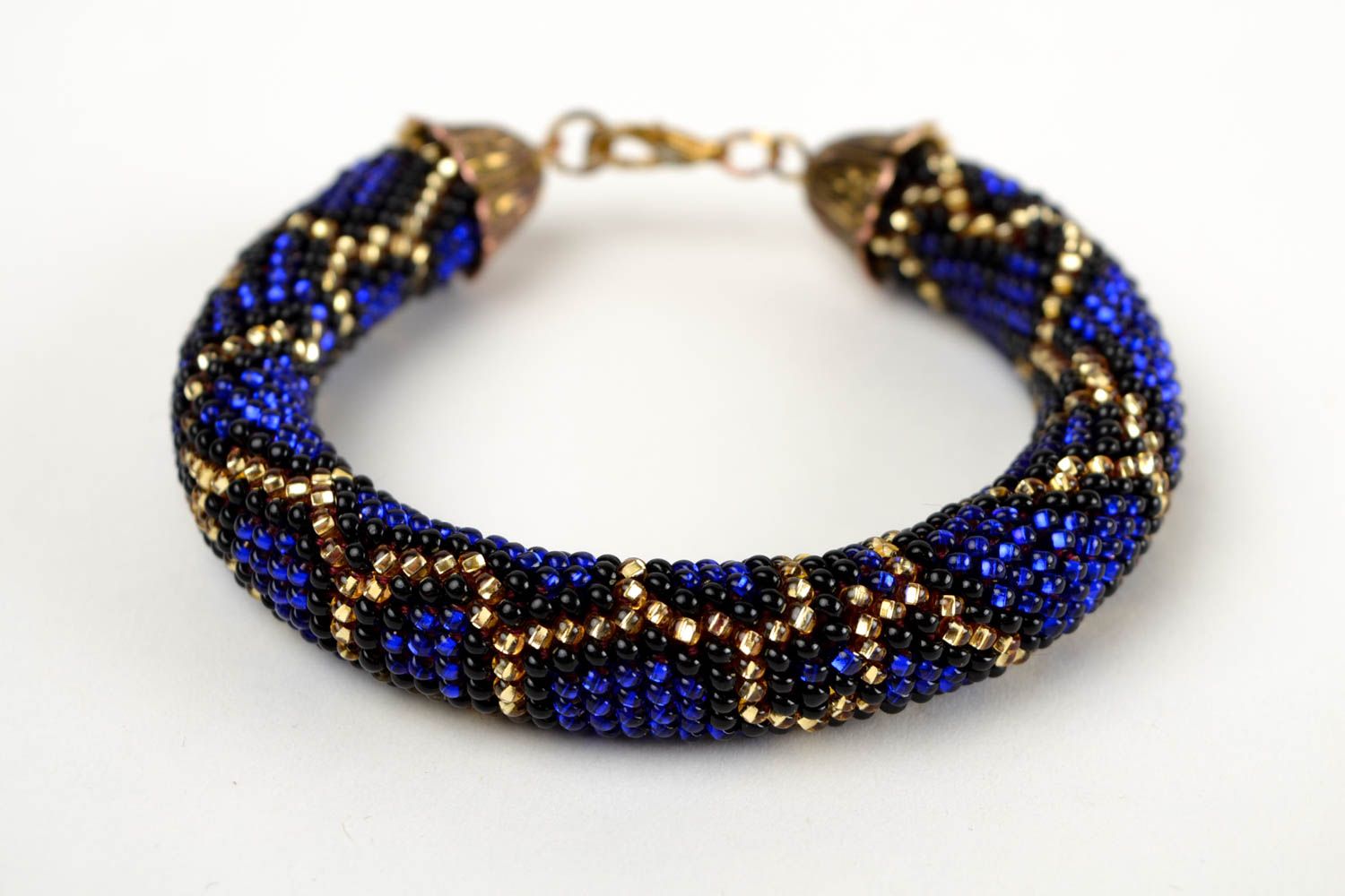 Bracelet perles de rocaille Bijou fait main bleu-doré Cadeau pour femme photo 3