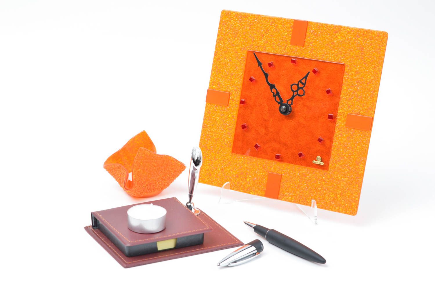 Bougeoir design Horloge murale fait main en verre Cadeau original orange photo 1