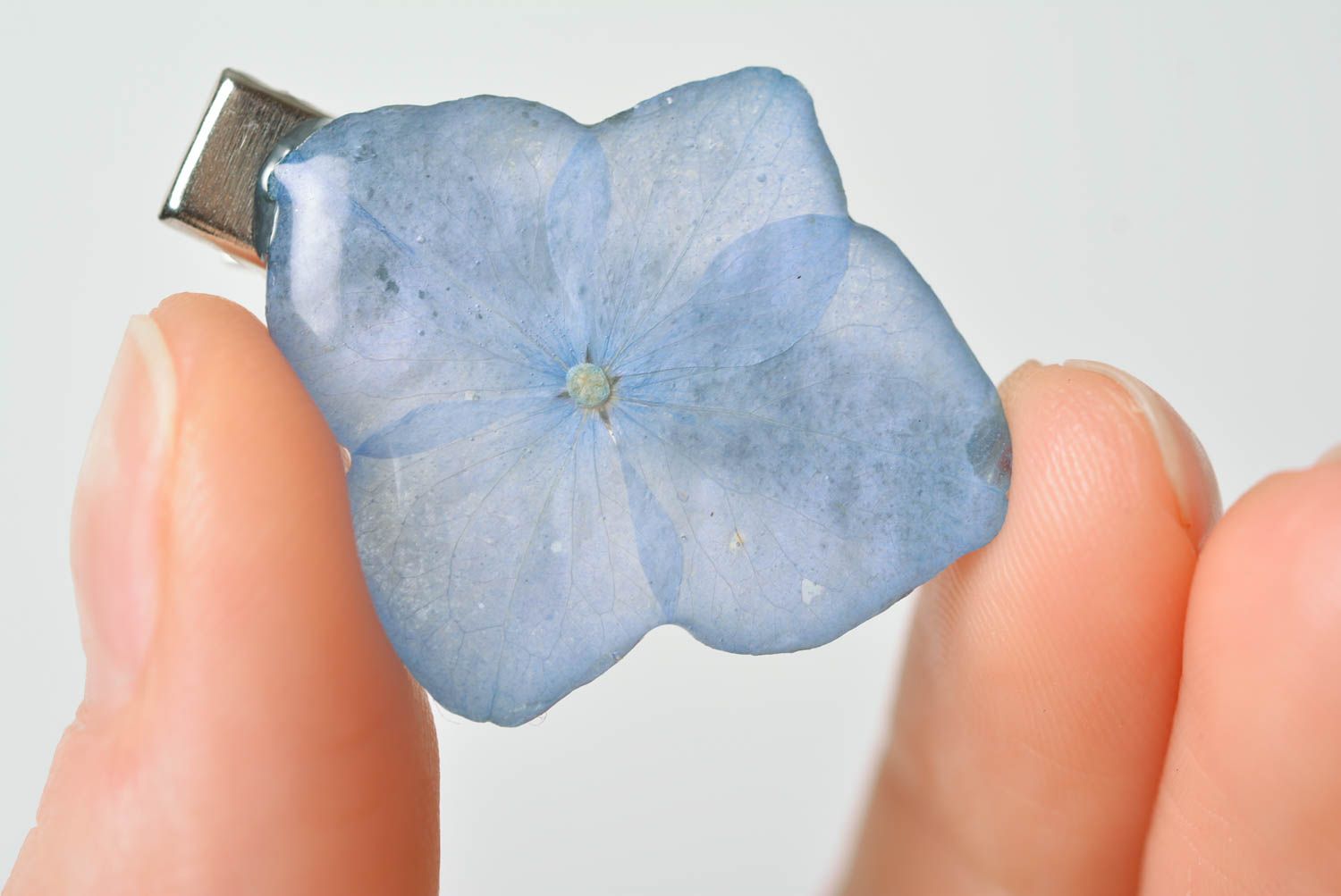 Beautiful blue handmade metal hair clip with dried flowers coated with epoxy photo 2