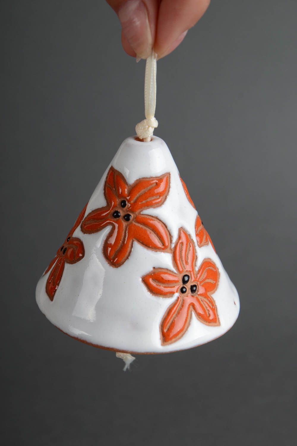 Handmade small ceramic white and orange decorative hanging bell with flowers photo 5