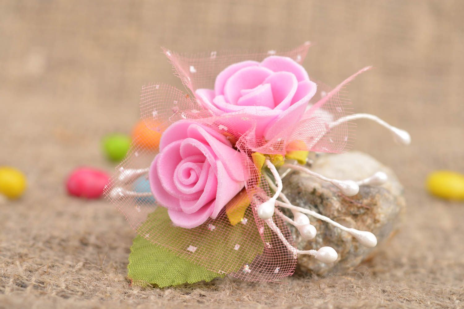 Pink hair clip made of artificial flowers and lace for little princesses  photo 1