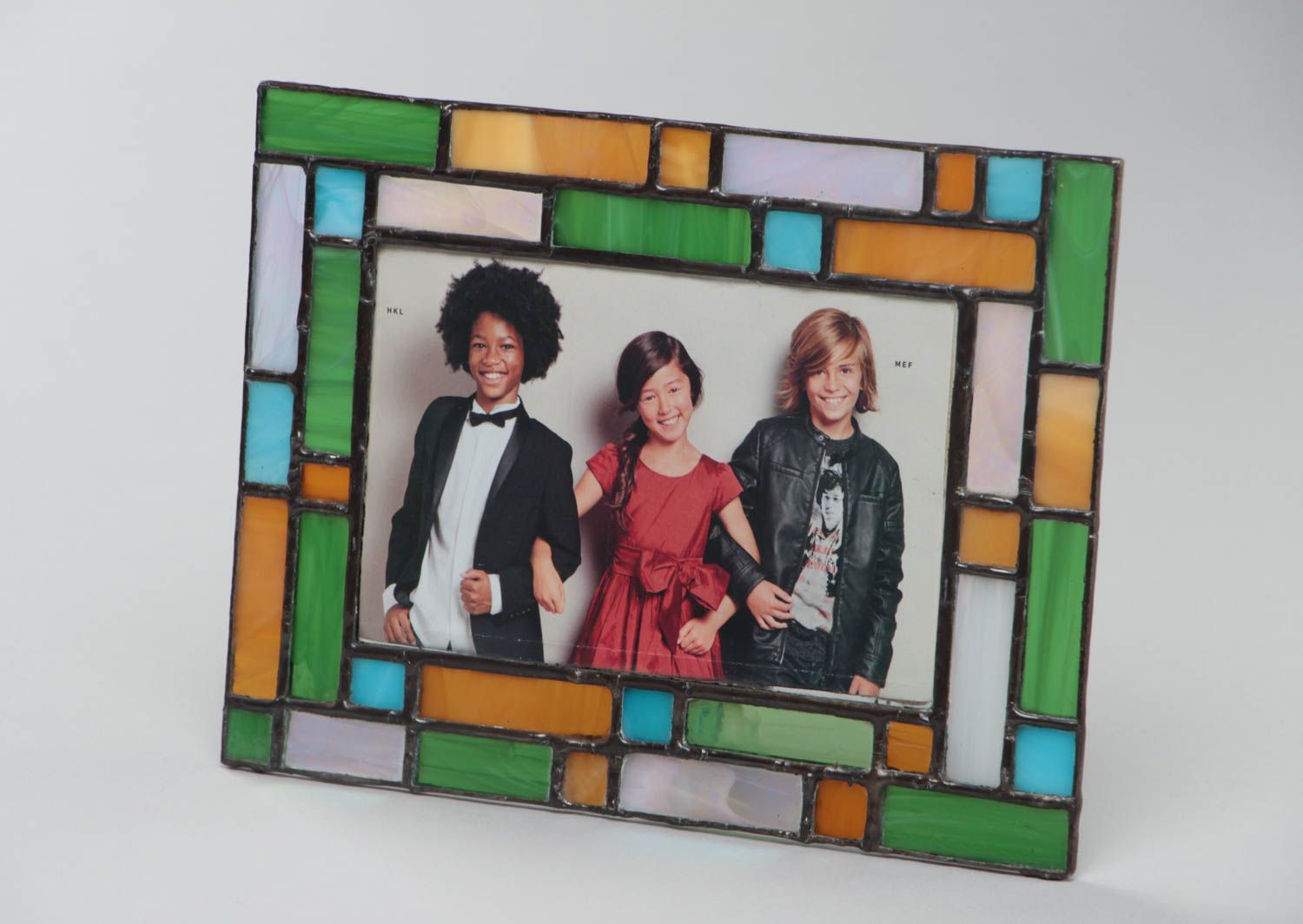 Green and yellow handmade stained glass photo frame for decor photo 2