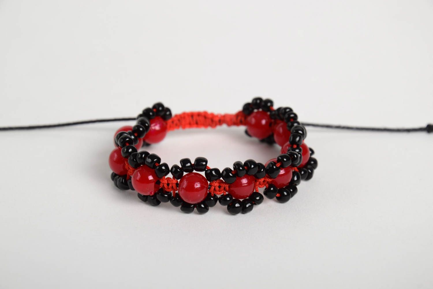 Strand Shambala bracelet on red cord with red and black beads for girls photo 6