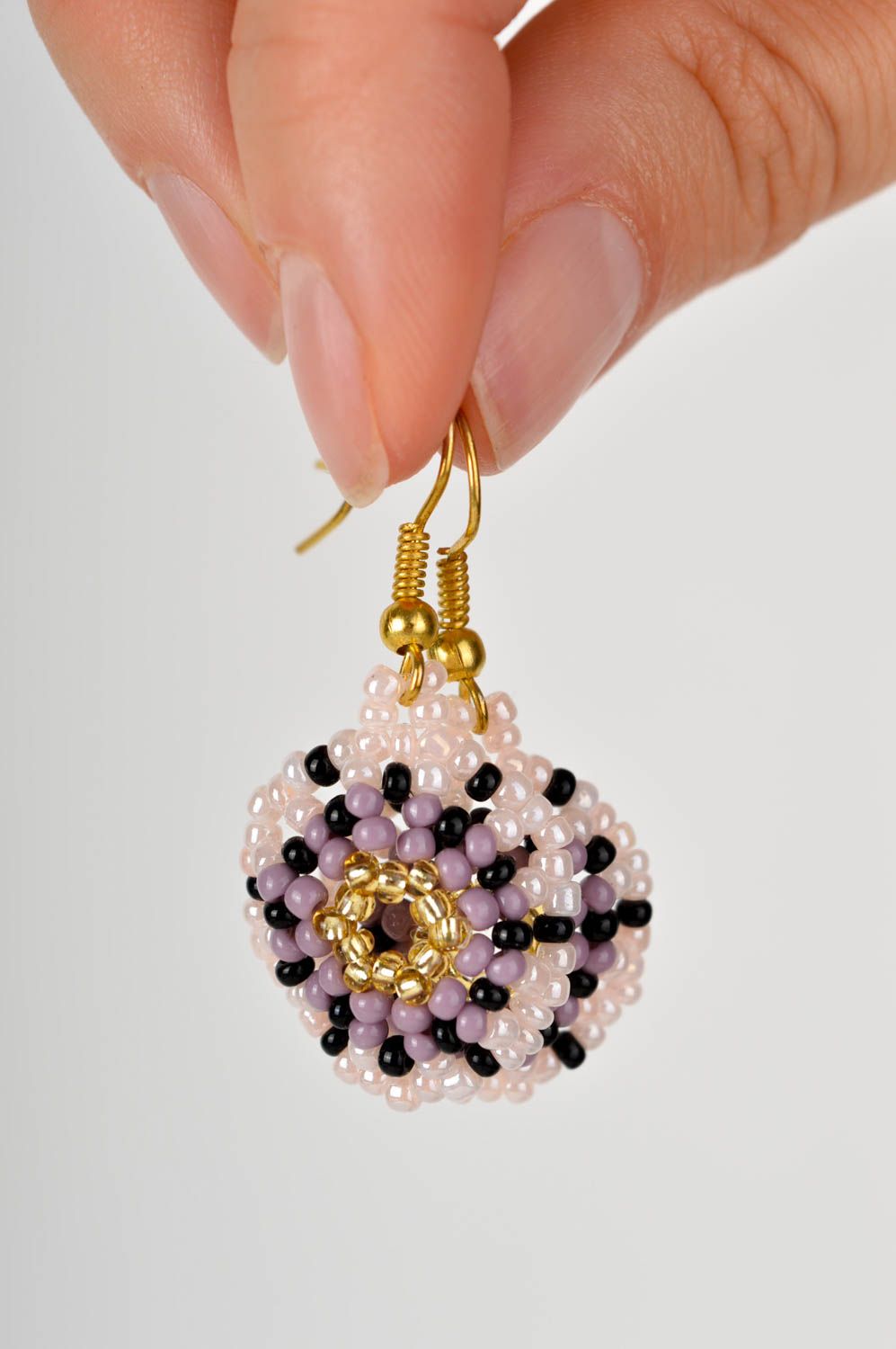 Handmade pink round earrings unusual beaded jewelry stylish massive earrings photo 5