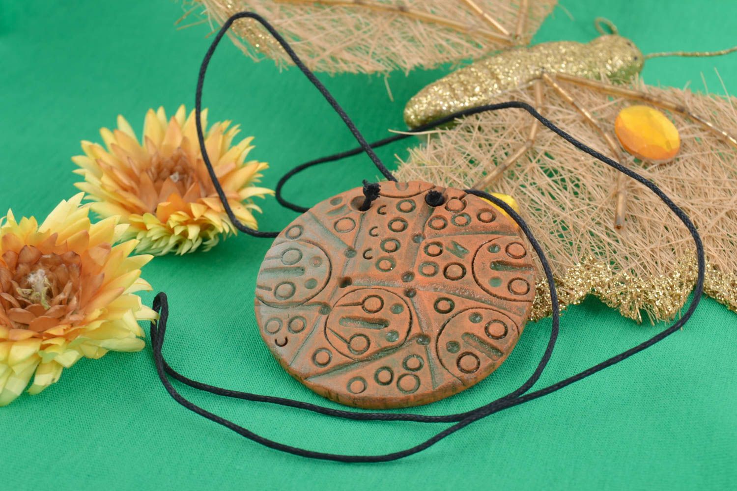 Clay pendant painted with acrylics large round handmade stylish accessory photo 1