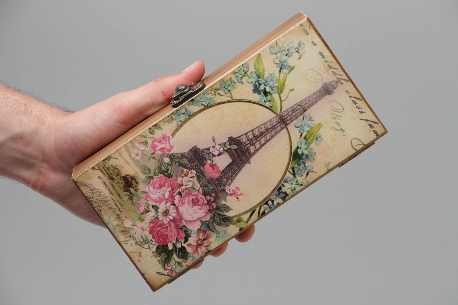 Vintage Schatulle aus Holz für Schmucksachen mit Print Handarbeit rechteckig foto 5