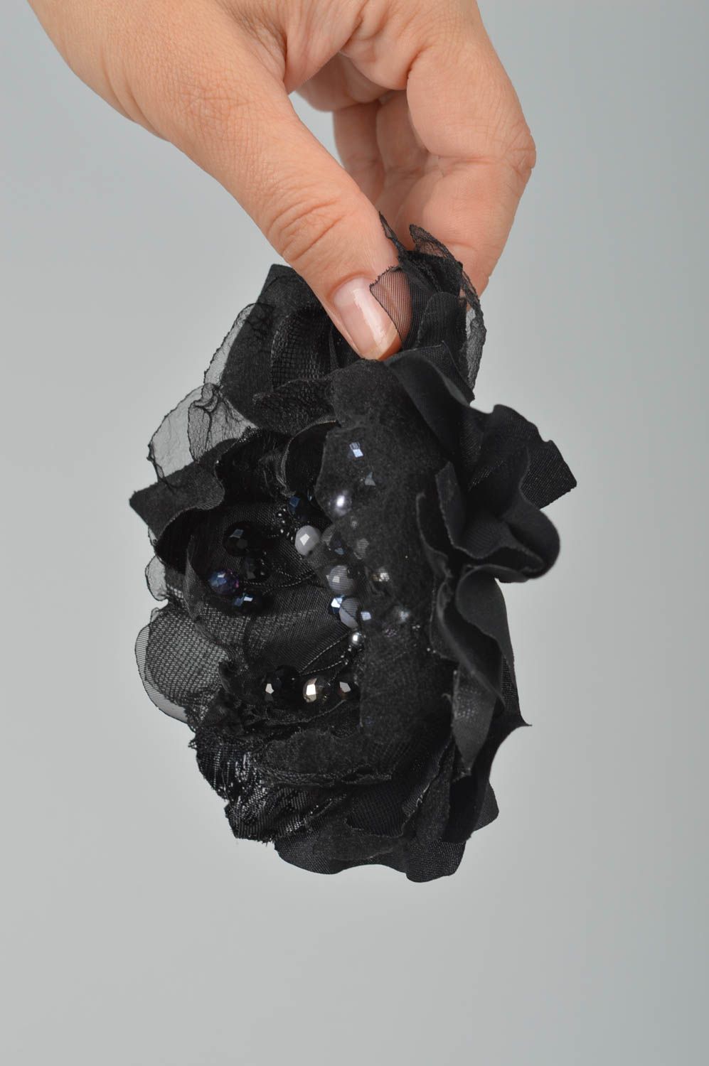 Broche Barrette fleur noire en soie faite main grande Cadeau pour femme photo 3