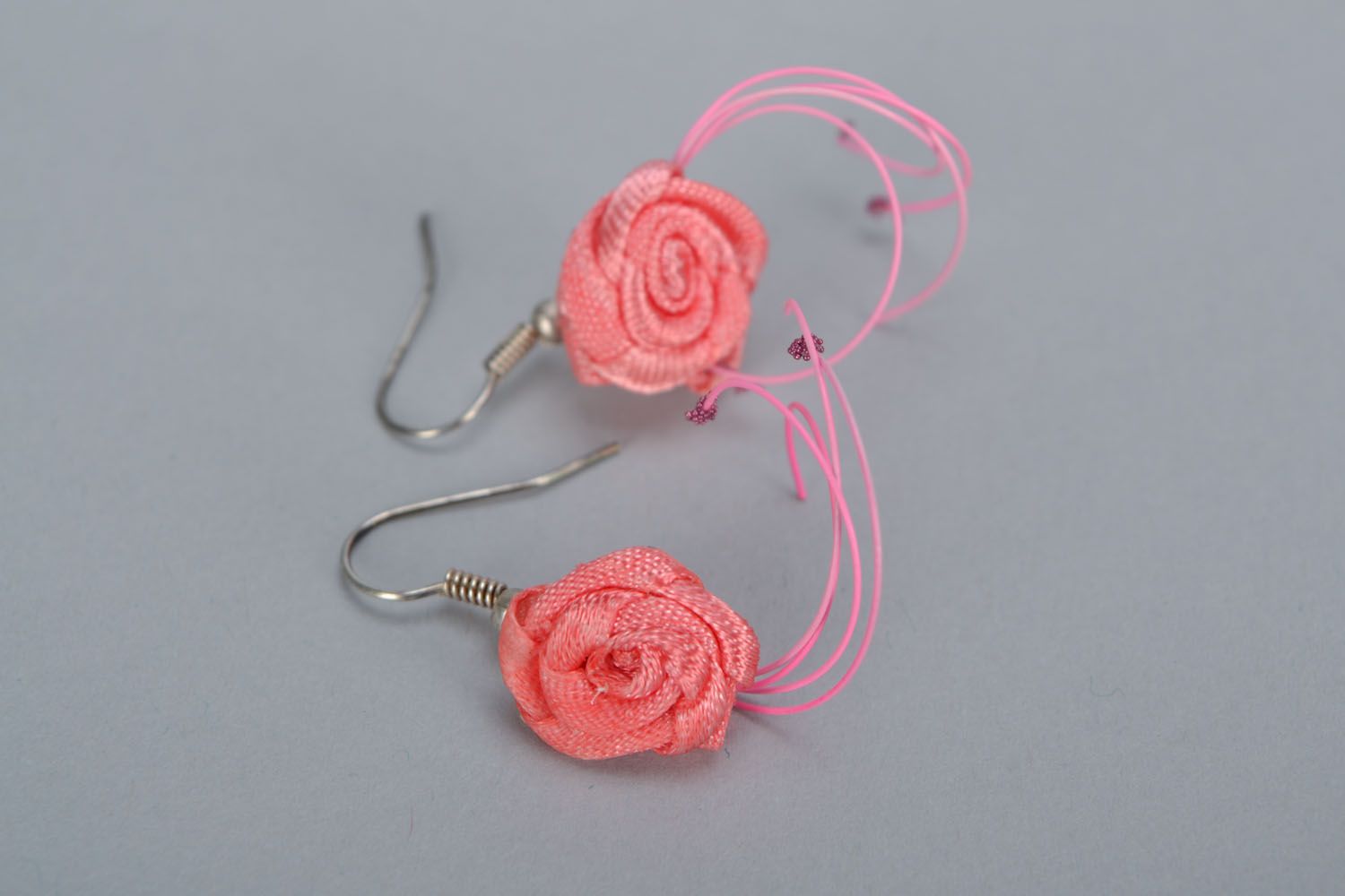 Earrings made of satin ribbons Roses photo 3