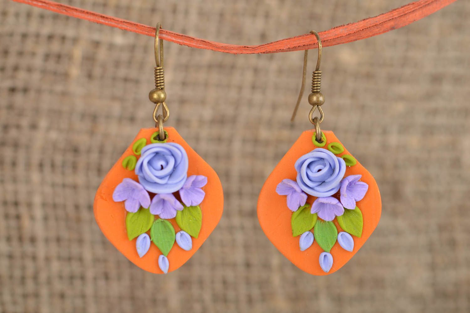 Polymer clay handmade designer earrings with vivid blue flowers summer jewelry photo 1