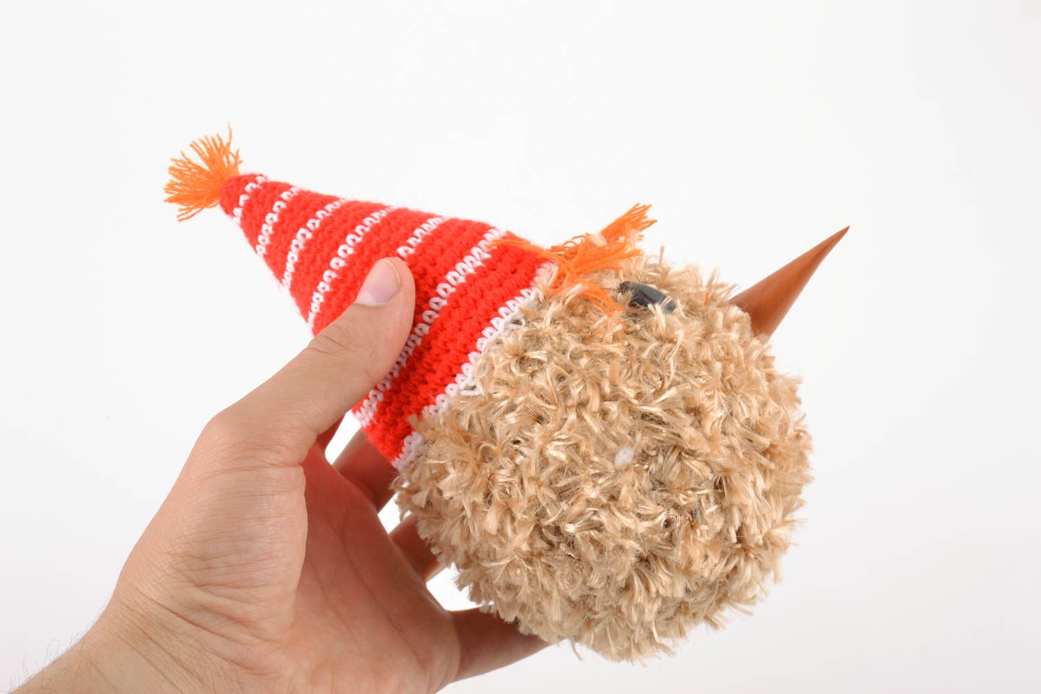 Nice children's handmade crochet soft toy fluffy in party cap photo 2