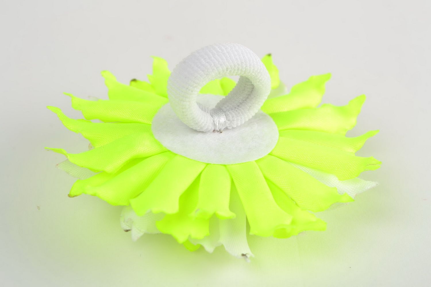 Handmade hair tie with large volume satin flower of lemon and white colors photo 5