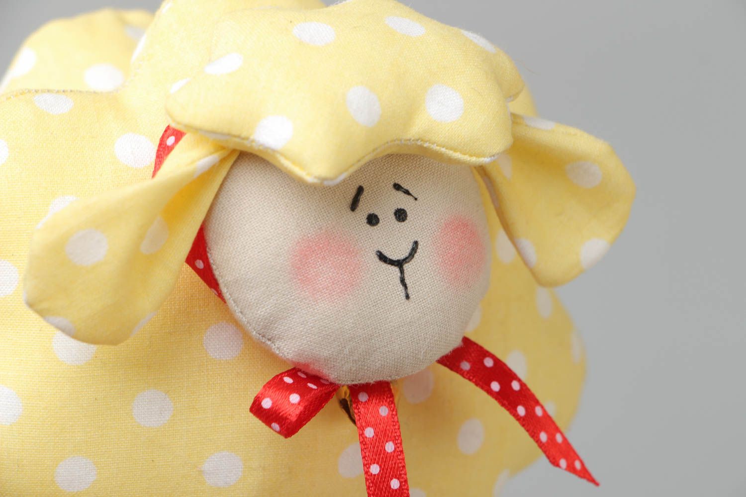 Handmade cotton fabric soft toy sheep of yellow color with white dots photo 3
