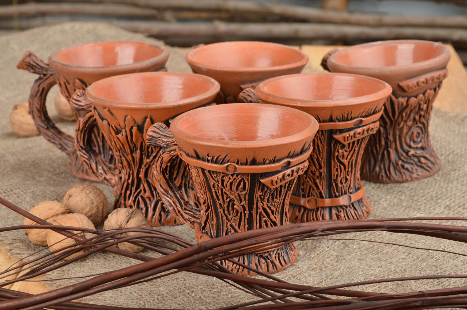 Ensemble de 6 tasses à café en terre cuite brunes faites main originales 10 cl photo 1