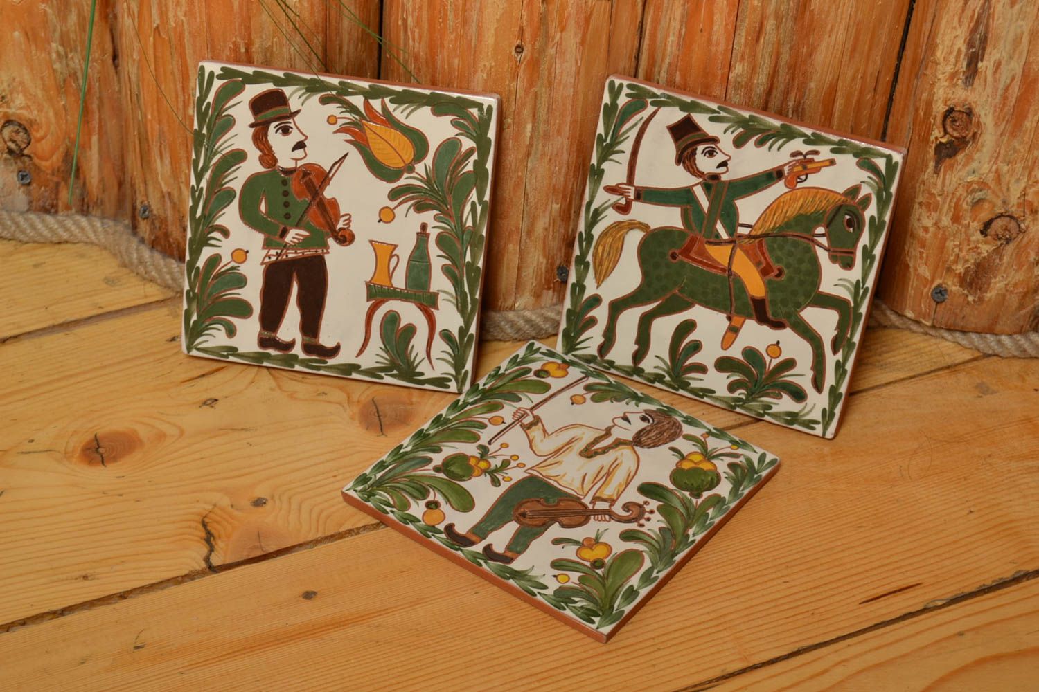 Set of handmade painted ceramic tiles 3 pieces beautiful wall panels photo 1