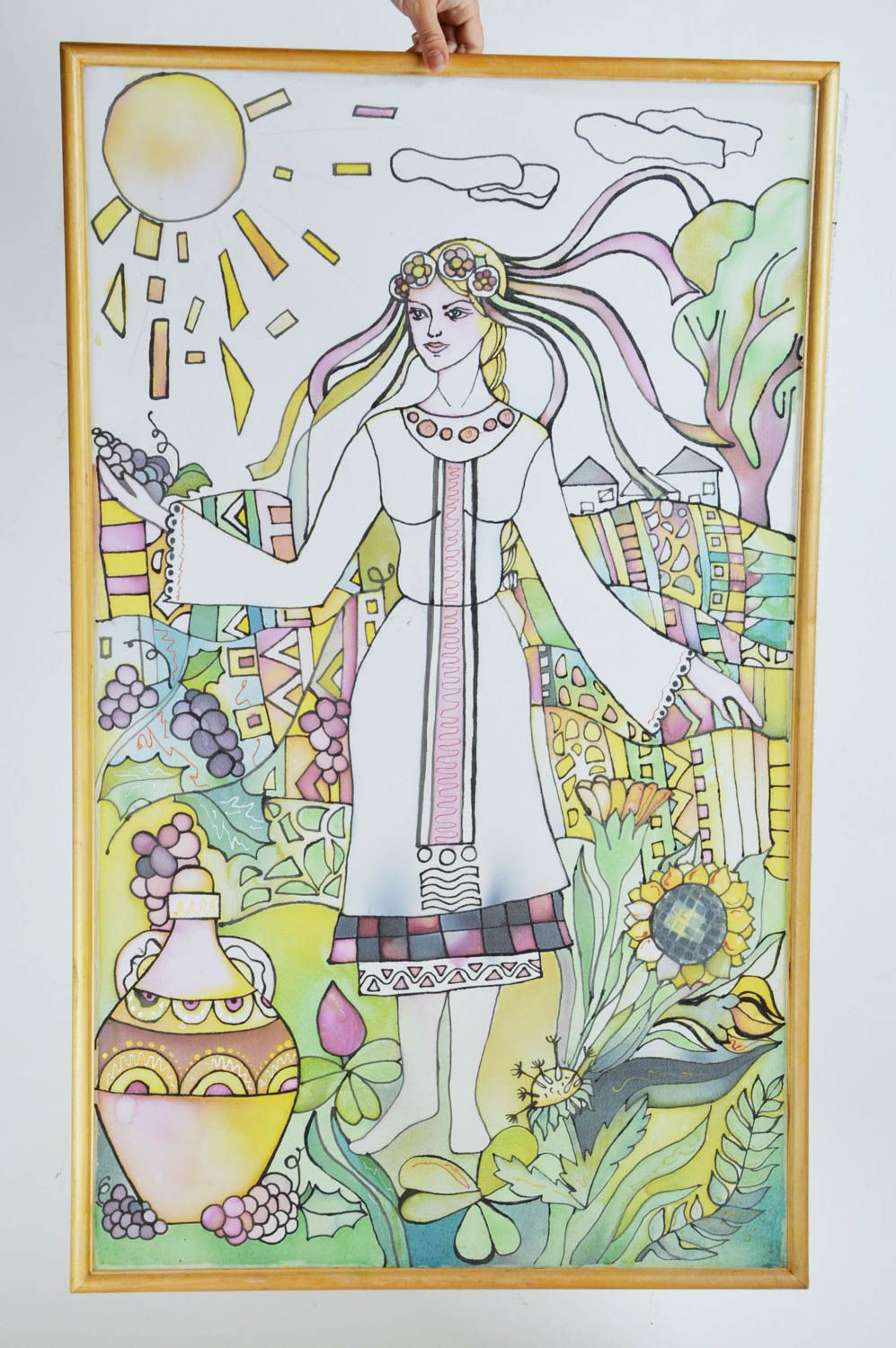 Картина в технике холодный батик тканевая ручной работы Девушка с лентами фото 3