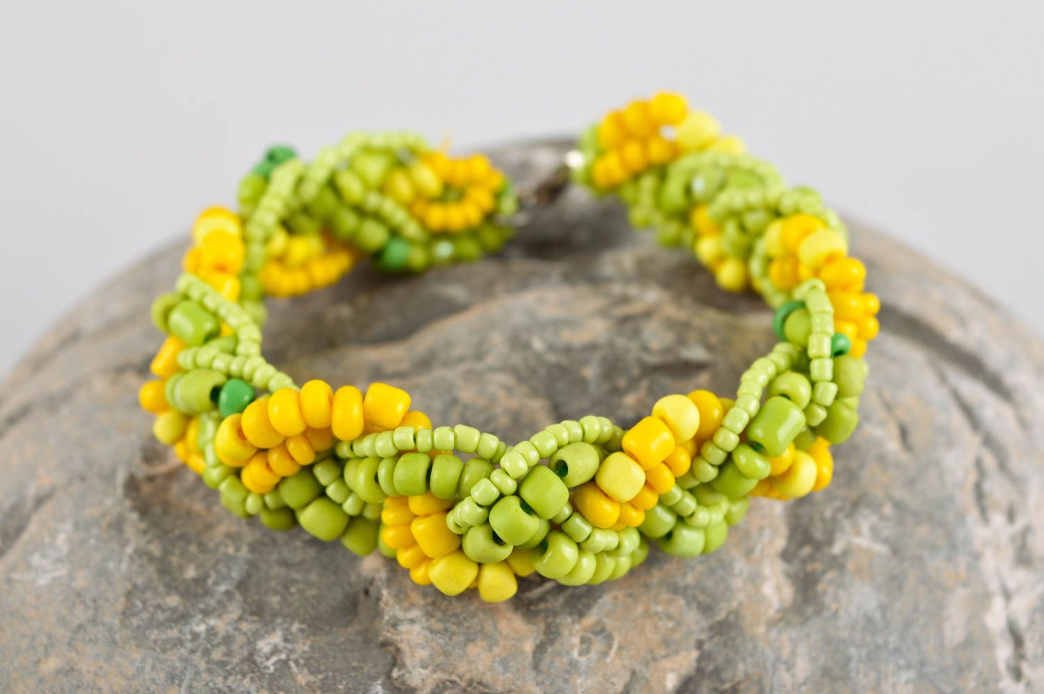 Yellow and light green beads pigtail shape bracelet for women photo 1