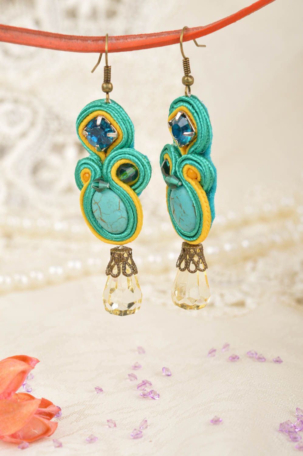 Bright handmade designer soutache earrings with beads for stylish girls photo 1