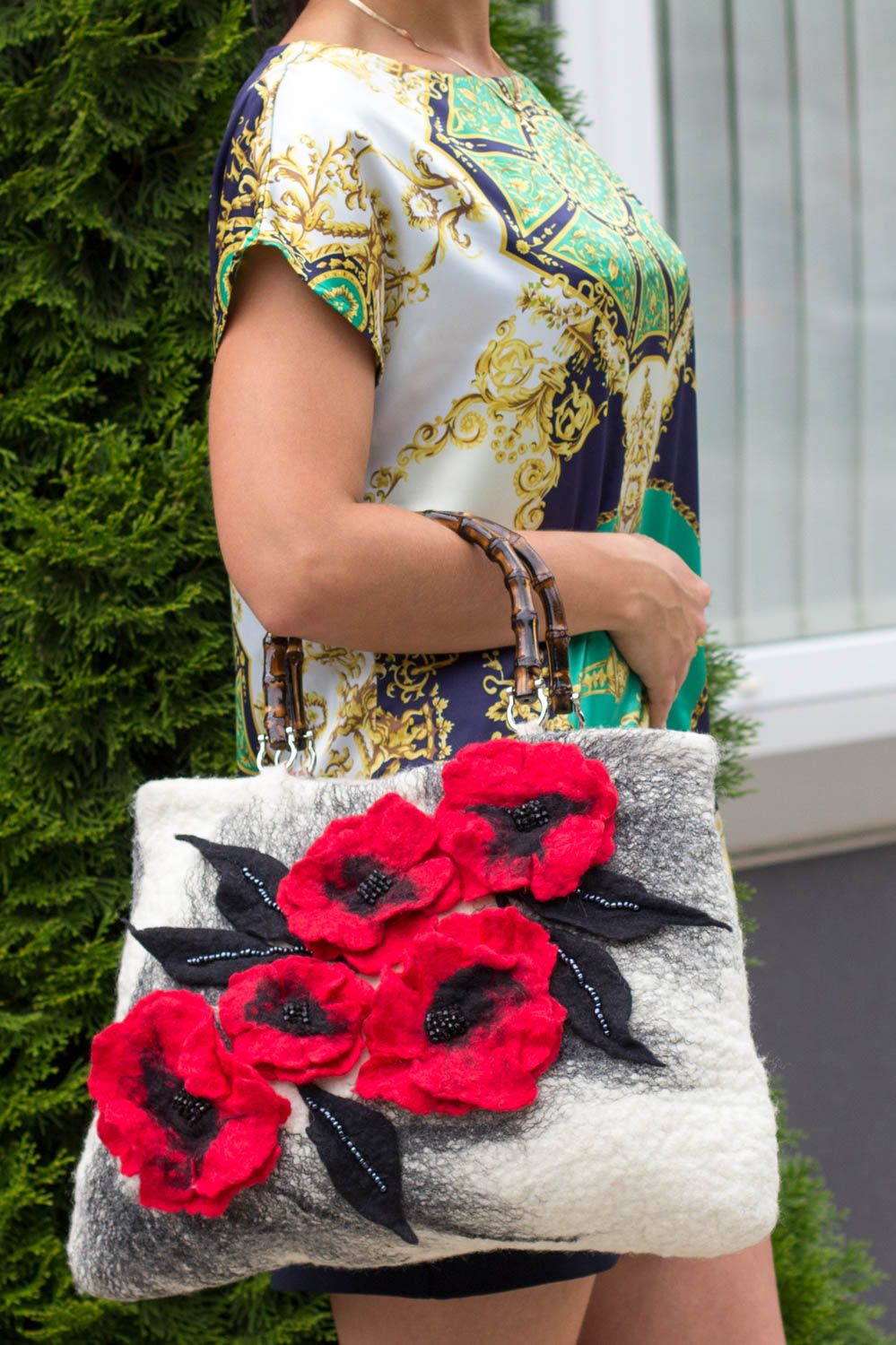 Women handbag white designer felted bag with poppies stylish handmade bag photo 5