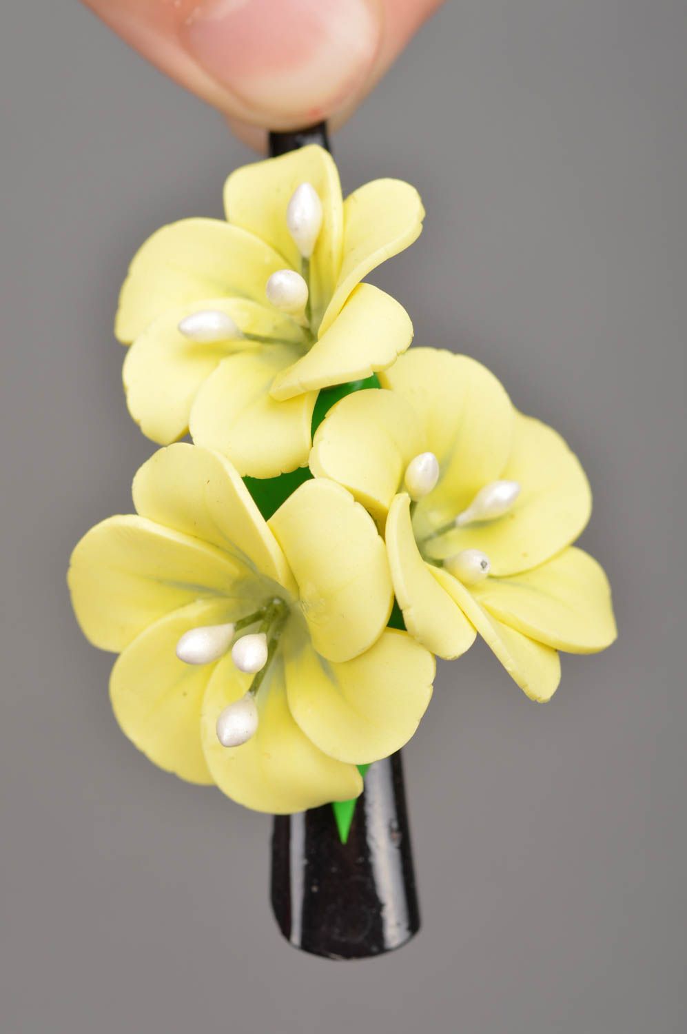 Handmade cute hair clip with flowers made of polymer clay yellow flowers photo 2