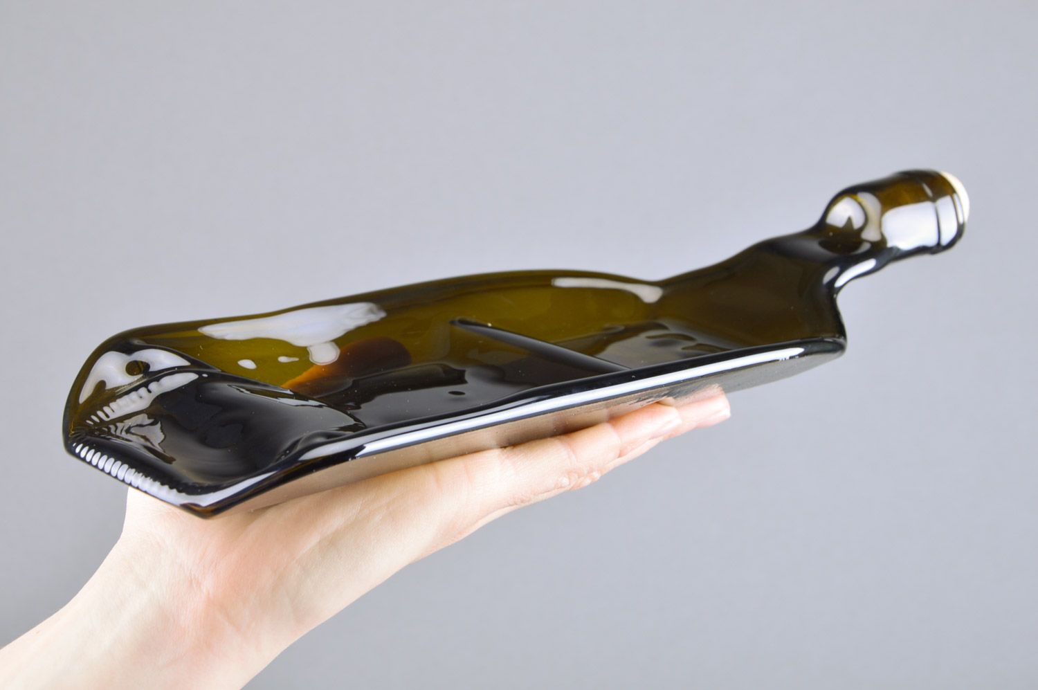 Handmade dark green melted glass wine bottle cheese platter for table setting photo 3