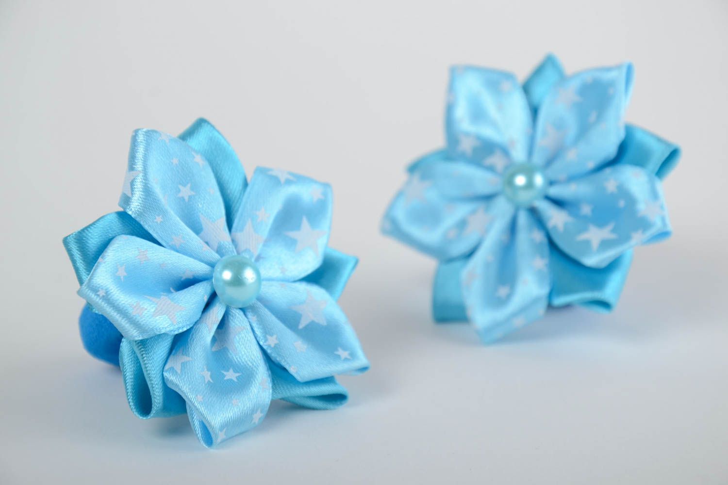 Handmade blue hair ties with flowers of satin ribbons for kids 2 pieces photo 5