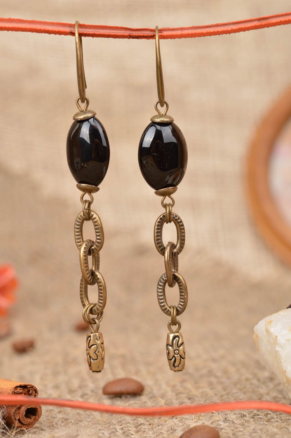 Handmade long bronze colored metal chain dangle earrings with black beads photo 1