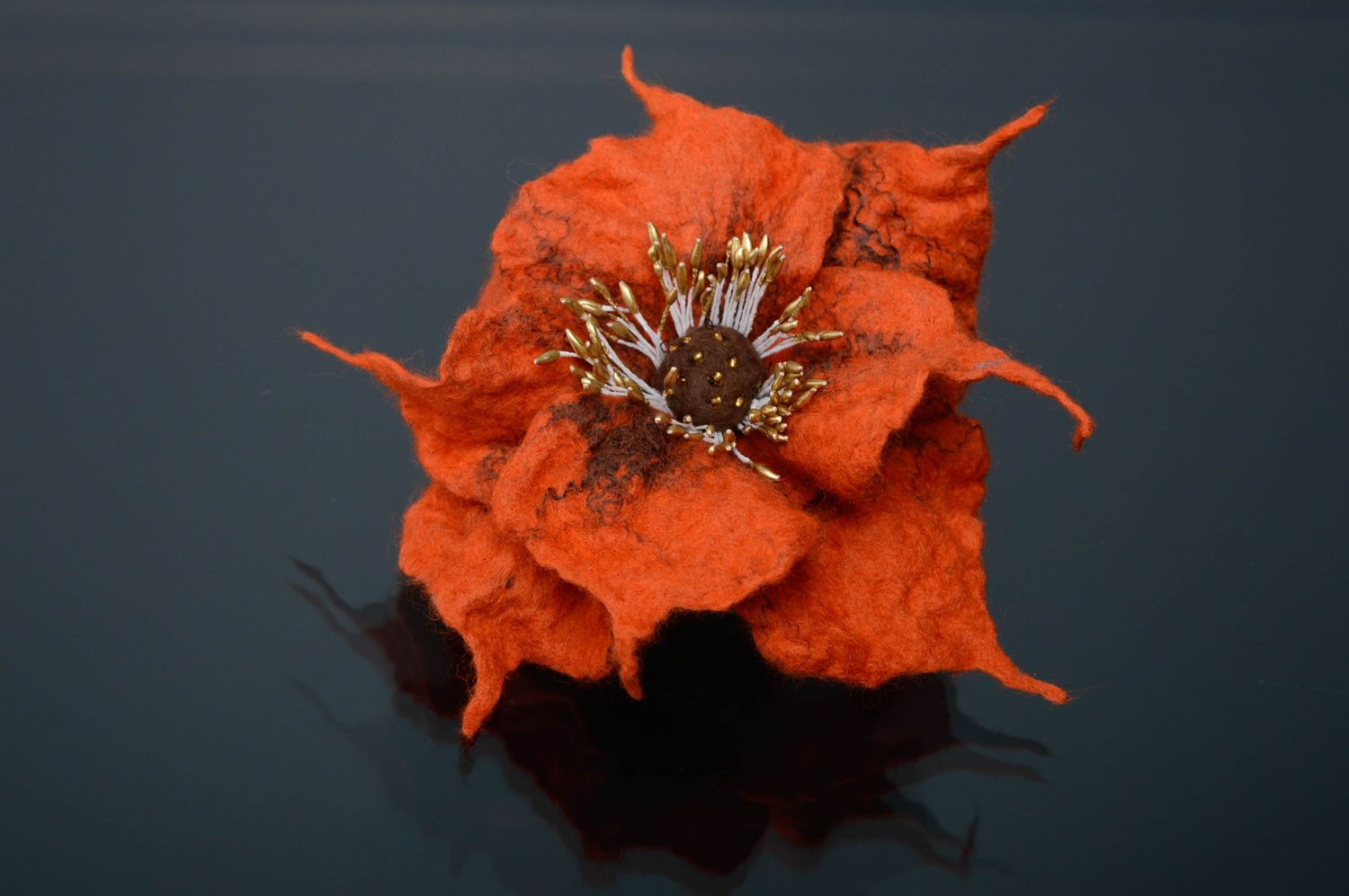 Handmade woolen brooch Orange Flower photo 1