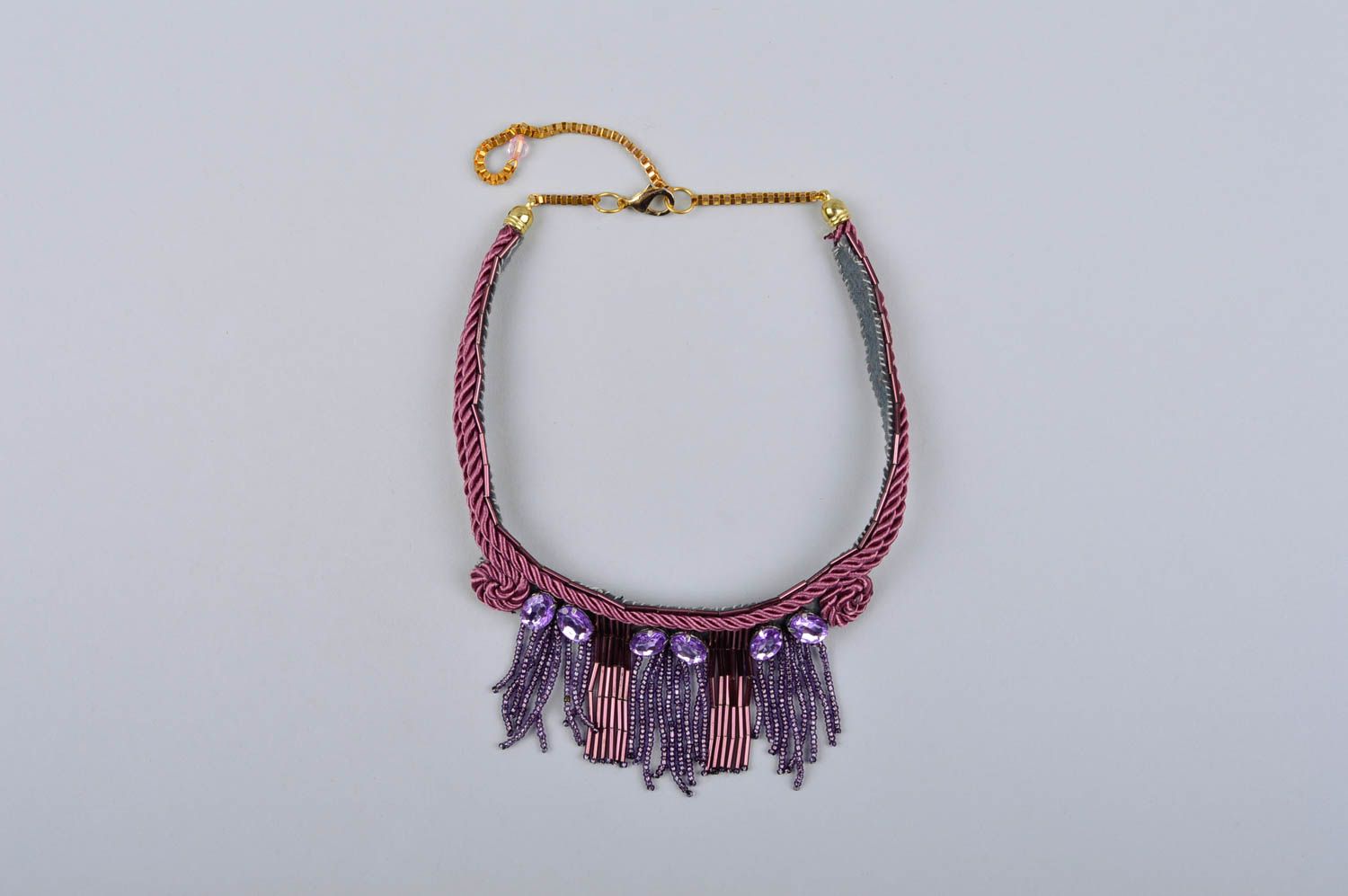 Handmade massive necklace unusual beaded jewelry lilac beautiful necklace photo 2