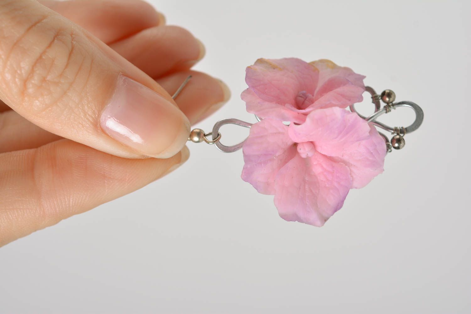 Beautiful handmade designer volume pink plastic flower earrings molded photo 4