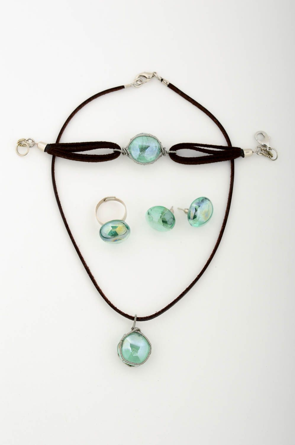 Stylish handmade glass jewelry set glass earrings pendant ring bracelet designs photo 3
