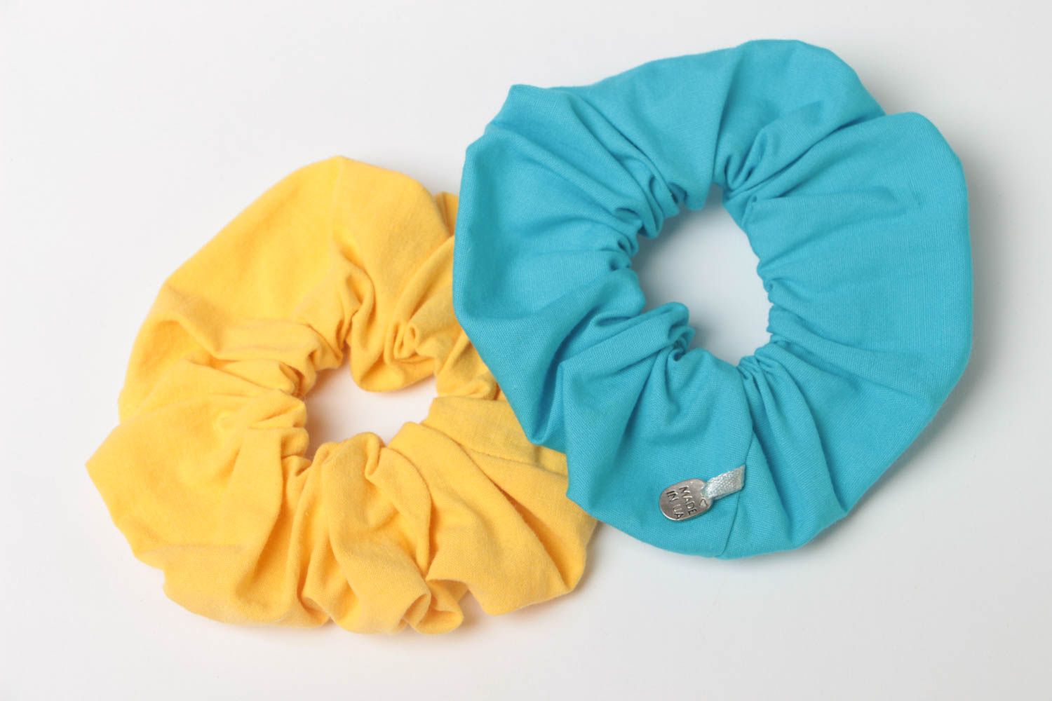 Chouchous à cheveux en tissu de coton faits main 2 pièces jaune et bleu clair  photo 2